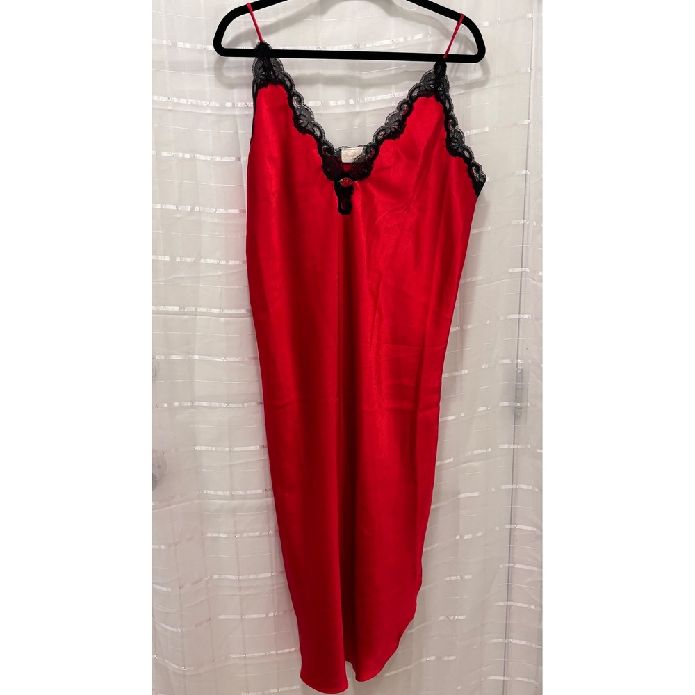 Vintage Inner Most Red Satin Lace Trim Chemise Nightgown Large Rosette USA Made
